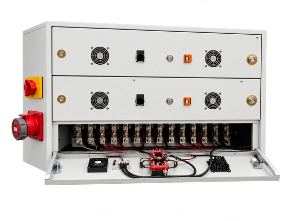 Custom TOBOR BMS PCB inside an open cabinet — battery management hardware designed in-house