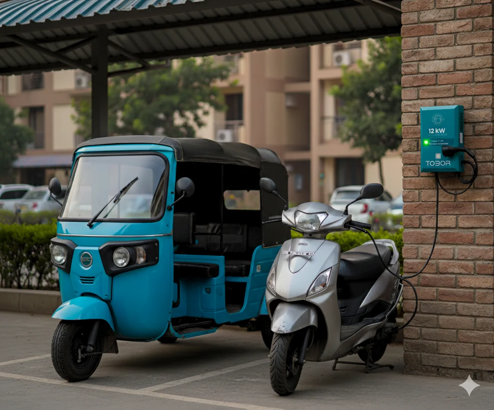 TOBOR brochure illustration of charging for electric two- and three-wheelers