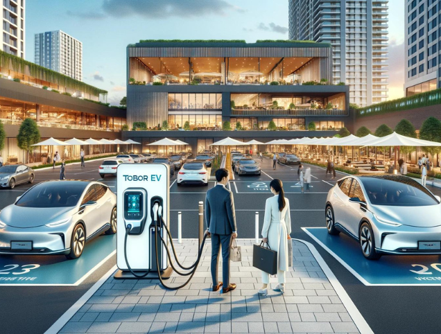 Modern mall and hotel parking lot with Tobor EV Charging Stations. Guests are using the electric vehicle charging stations, integrated into the stylish, modern design of the area. The setting is clean, inviting, and showcases clear signage and pathways, emphasizing the upscale environment.