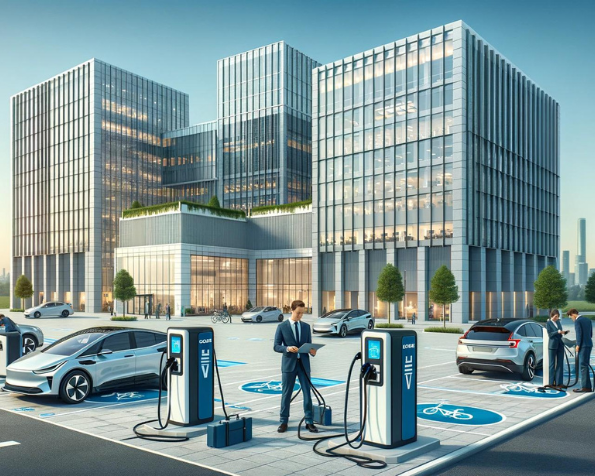 Technicians installing Tobor EV Charging Stations in a modern corporate office complex. Employees are actively using the electric vehicle charging stations in the parking area, highlighting the integration of sustainable technology into the professional environment with clear signage and pathways.